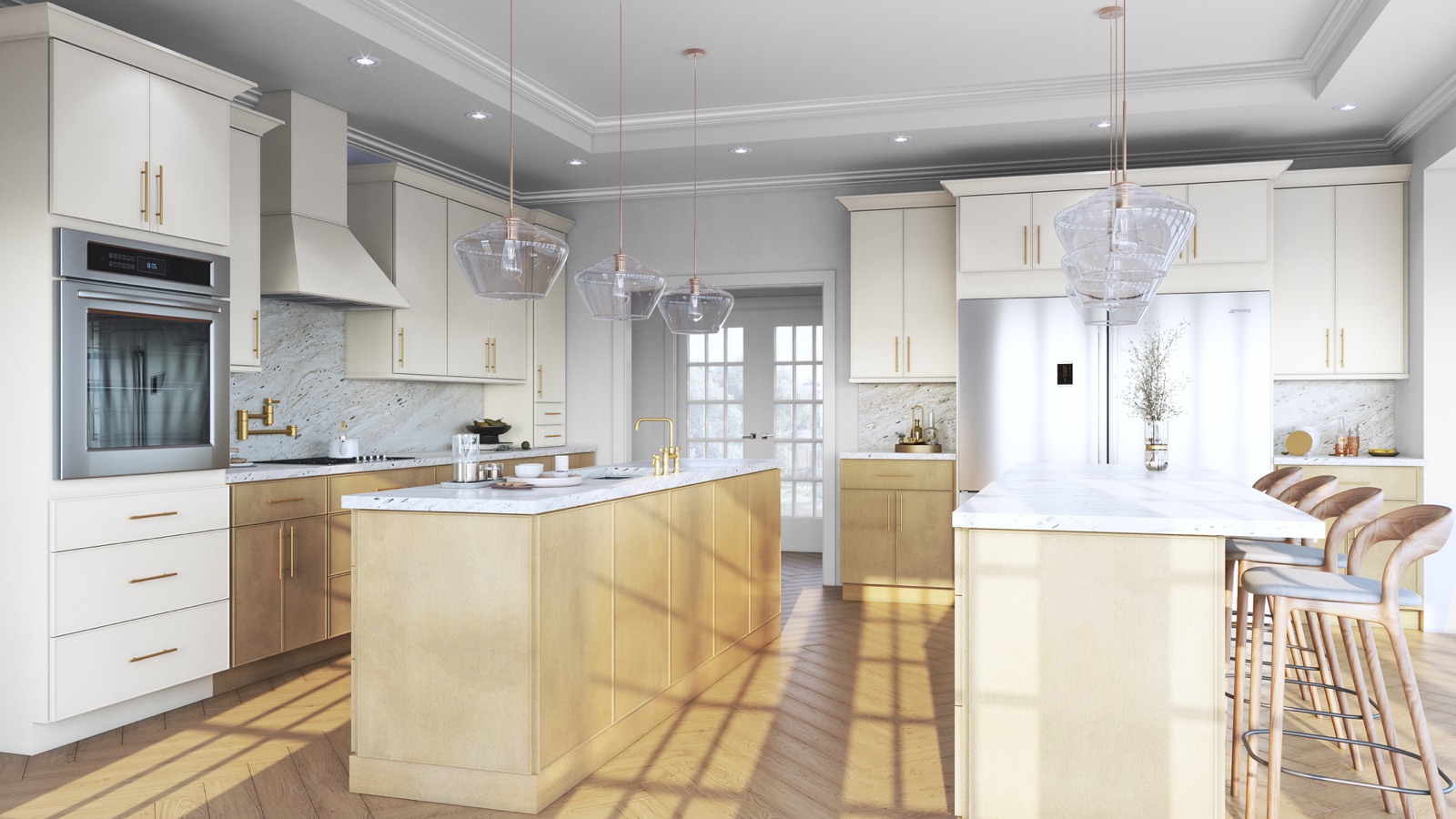 Fabuwood kitchen in the Luna door style, truffle stain, with a marble waterfall island and herringbone floor