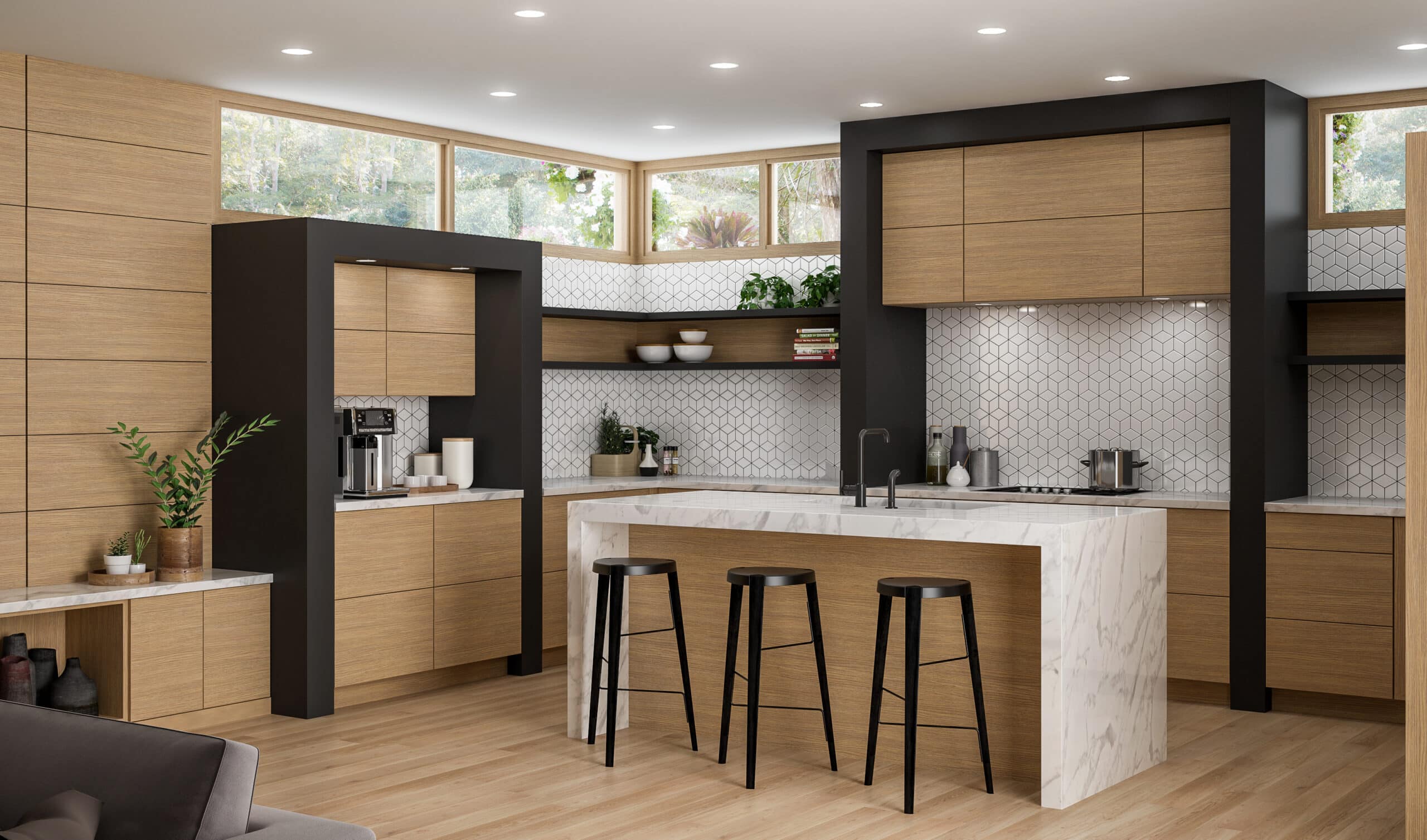 Kitchen with navy painted Woodland cabinets, a white oak island, and a rough-sawn beam overhead