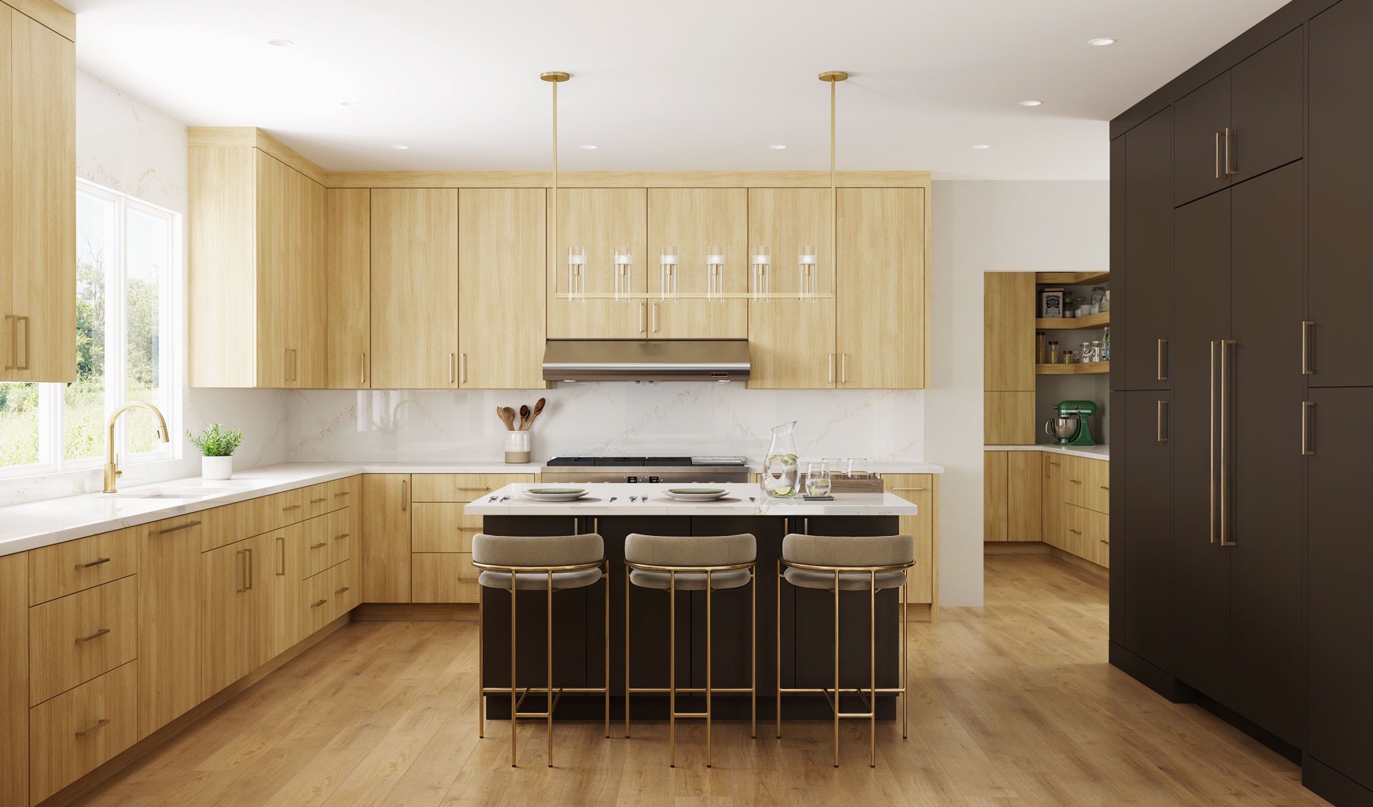 Kitchen in light oak slab-front cabinets with brass pulls, a charcoal island, and a full-height charcoal pantry wall