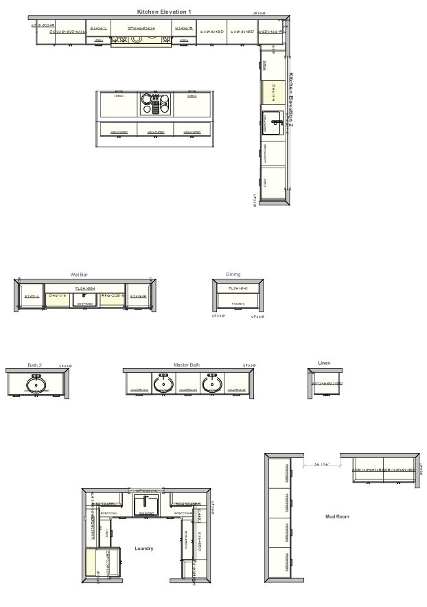 Elevation drawing of a cabinet run, uppers over a base run with dimensions