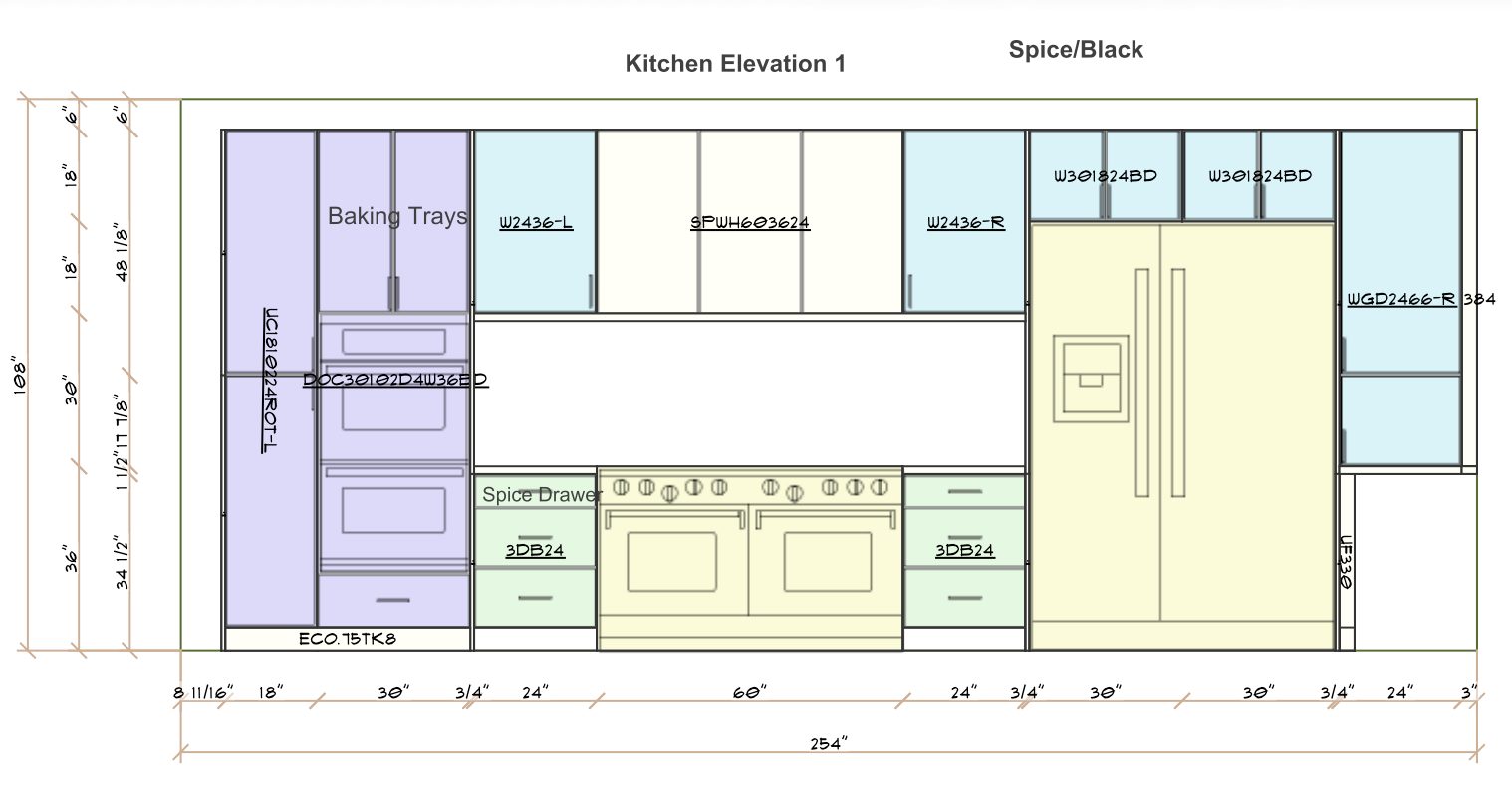Elevation drawing of a range wall with tall cabinets either side of the hood